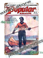 Letrero de hojalata 1930 revista popular canoa costa aventura hombre cueva dormitorio decoración de pared