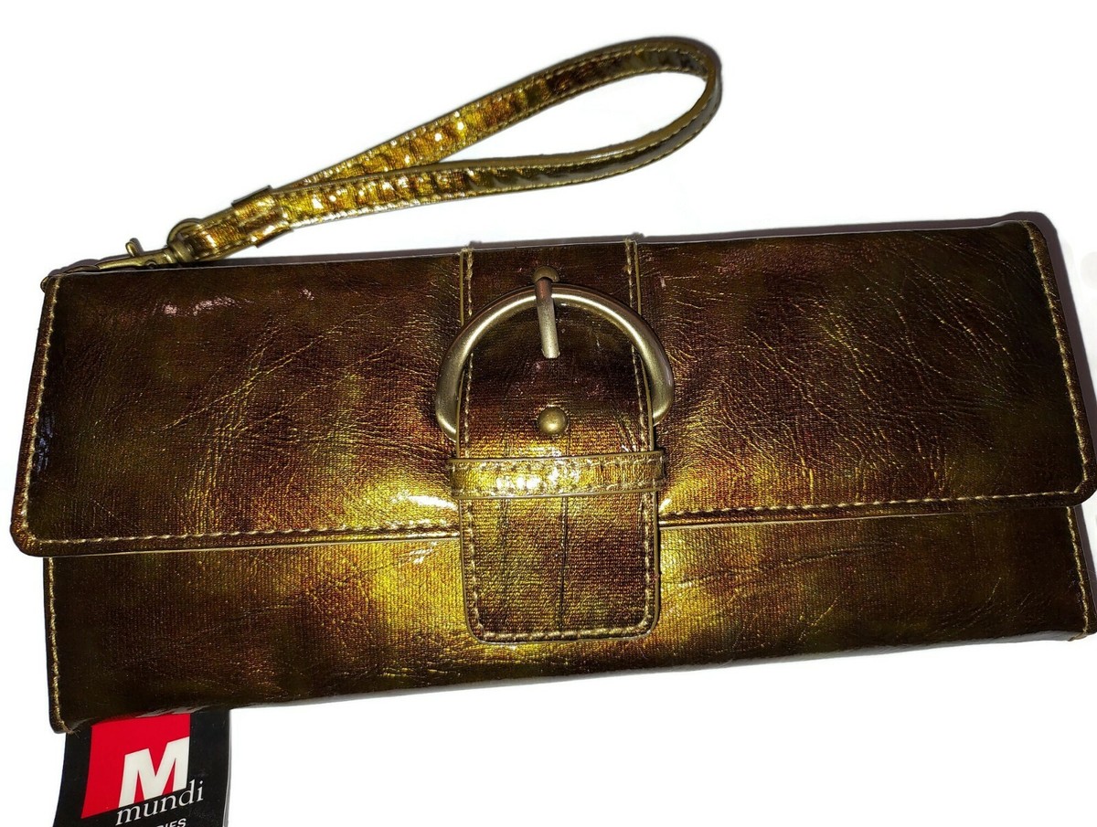 WOMEN'S MUNDI ELEPHANT BUCKLE WRISTLET WALLET PATENT LEATHER Gold