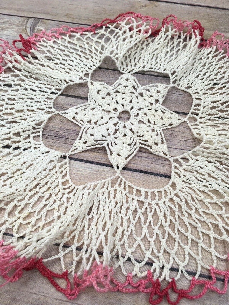 P86 Hand Crocheted Doily Ruffle Floral Pink White 12