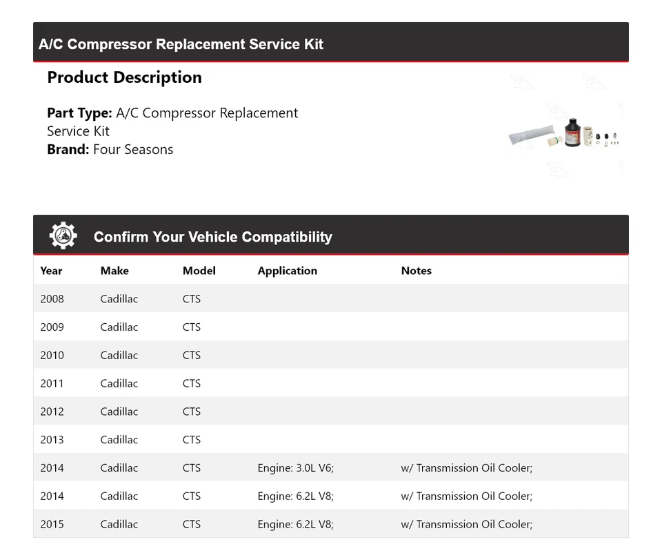 Kit de servicio de reemplazo de compresor de aire acondicionado para Cadillac CTS 2008-2015 4 estaciones 2009 Foto 2 de 4