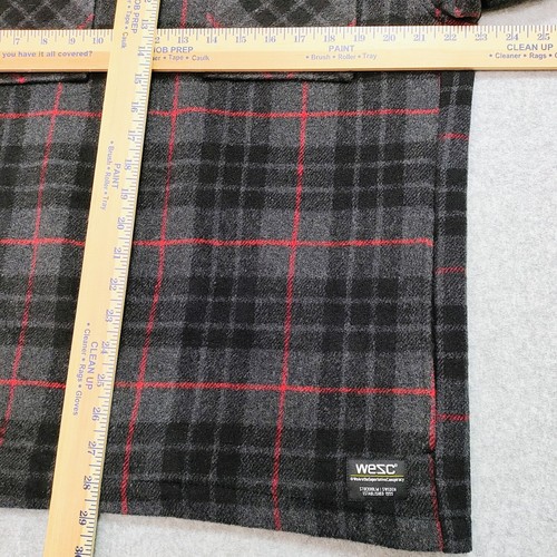 WeSC Men XL Women XXL Jacket Sherpa Collar Dark Gray Red Plaid Flannel Shacket - Picture 8 of 9