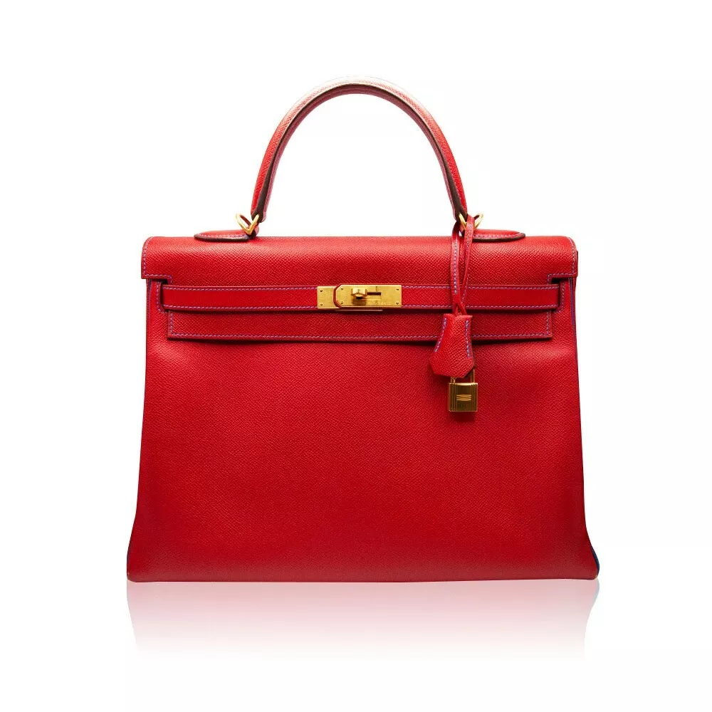 Hermes Kelly 35 Epsom Verso Rouge Casaque and Blue Hydra Brushed