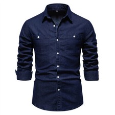 Men's Denim Shirt Casual Slim Fit Shirts Workwear Long Sleeve Button Down Blouse