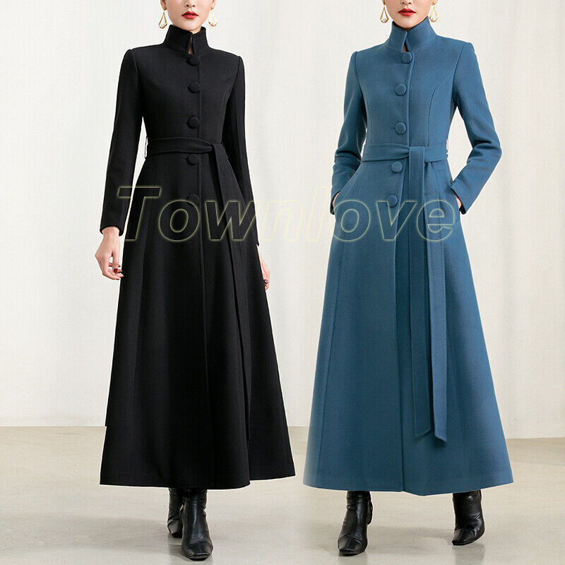 Women Stand Collar Single Breasted Wool Blend Winter Long Trench