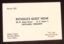Reynold's Guest Home Rutlan Vermont Vintage Business Card w/Picture of House