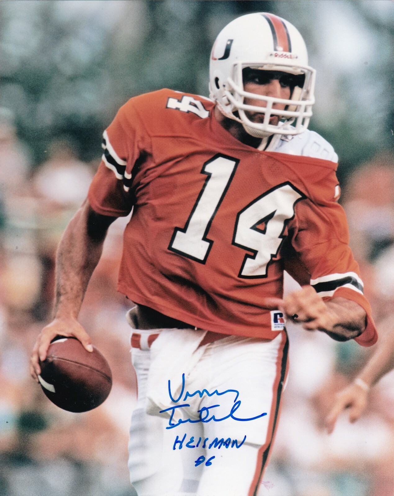 VINNY TESTAVERDE MIAMI HURRICANES HEISMAN 86 ACTION SIGNED 8X10 