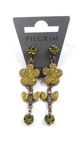NEW PILGRIM GOLD EARRINGS CRYSTALS GREEN ENAMEL BEES & FLOWERS DROP DANGLE CHARM - Picture 1 of 1