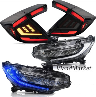 VLAND FULL LED Headlights&SMOKED Tail Lights For Honda Civic Hatch 2016-2021