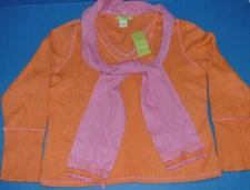 SIGRID OLSEN Women’s Orange V Neck Sweater Pink 3-Ruffle Trim Scarf Petite L