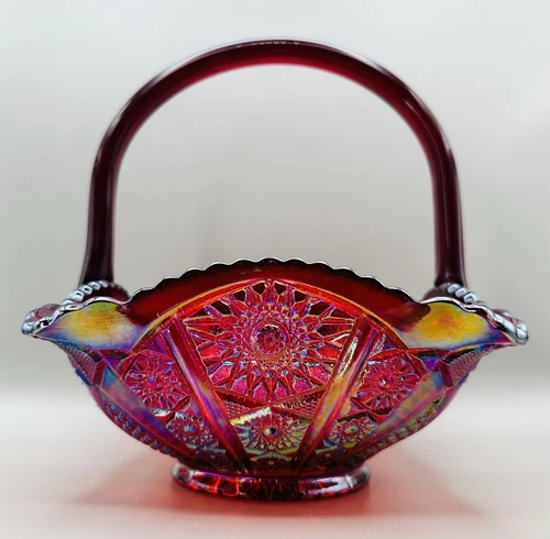 Vtg Indiana Red Iridescent Carnival Glass Basket Bowl Excellent Condition