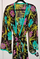 Valerie Stevens Sheer Floral Vintage Robe W/ Lace Trim XL Black Teal Pink Green