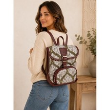 Elegant Burgundy Cream Tapestry Backpack Purse Boho Woven Sling Bag