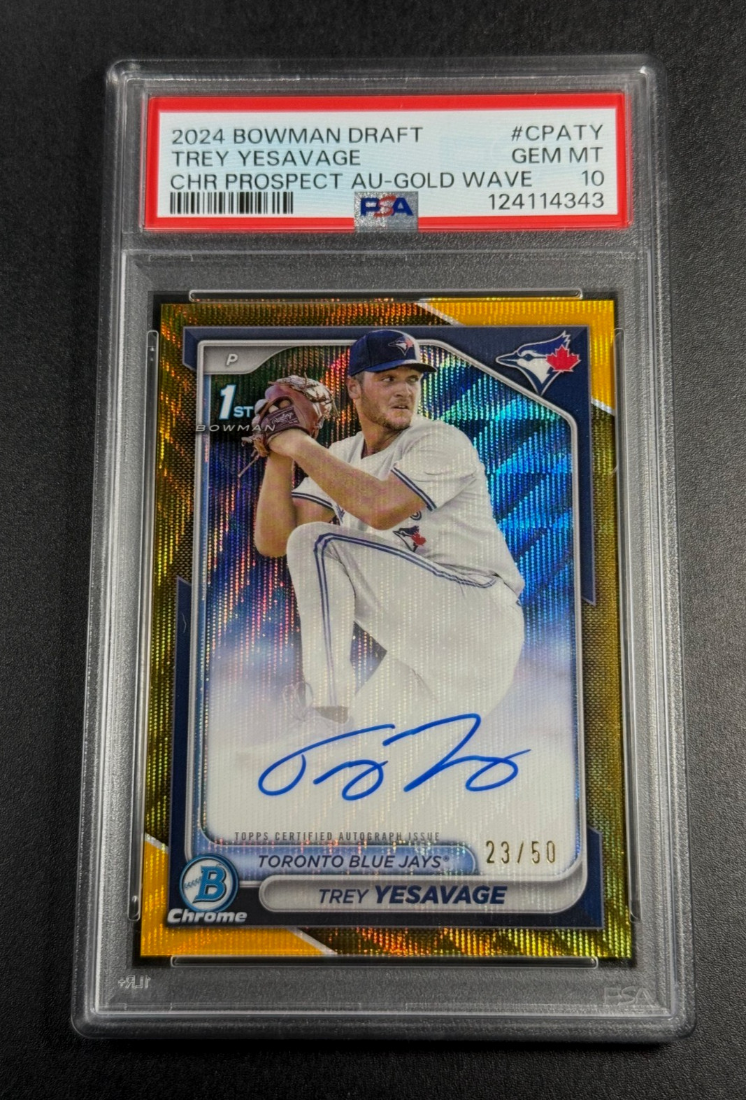 TREY YESAVAGE 2024 BOWMAN CHROME GOLD REFRACTOR AUTO ROOKIE RC /50 PSA 10 GEM