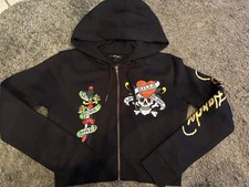 NWT Ed Hardy Black Heart Skull Cropped Hoodie Love Kills Slowly Size L Large