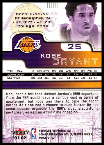 01-02 Fleer Force Kobe Bryant HOF Base Card (Los Angeles Lakers) #25 - Picture 2 of 2