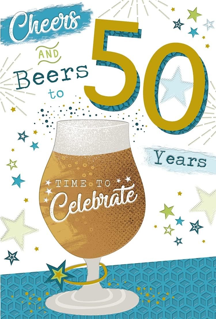 Male Age 50 Cheers and Beers To You Birthday Card. 23x15cm