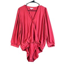 LOFT Womens Bodysuit Blush Red Flowy V Neck Long Sleeve Sheer Stretch Large
