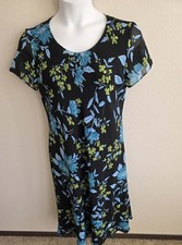 White Stag Dress Women’s 14 Black Blue Floral Midi Tea Length 46” NWOT