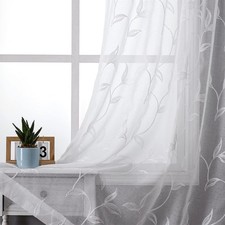 2 Panels Sheer Curtains 84 Inches Long, White Floral Leaf Embroidered Semi Sh...