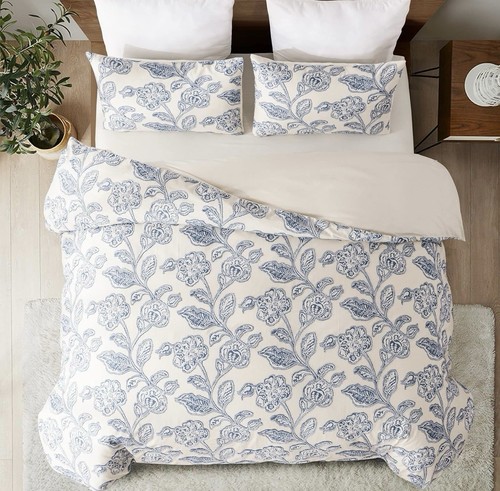 Duvetex Cotton Clipped Jacquard Blue Floral Duvet Set King Size Shabby Chic - Picture 2 of 9