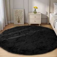 Black Round Rug 5ft Fluffy Fuzzy Sheepskin Carpet for Bedroom Living Room Bla...