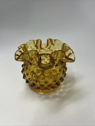 Vintage Fenton 3” Amber Hobnail Ruffled Edge Glass Vase