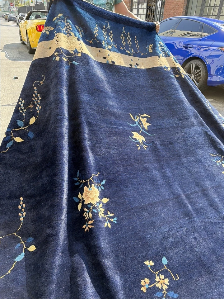 Auténtica: Alfombra China Art Deco Antigua Variante Pekín Azul Índigo 11x17 Sin Reserva Foto 2 de 4