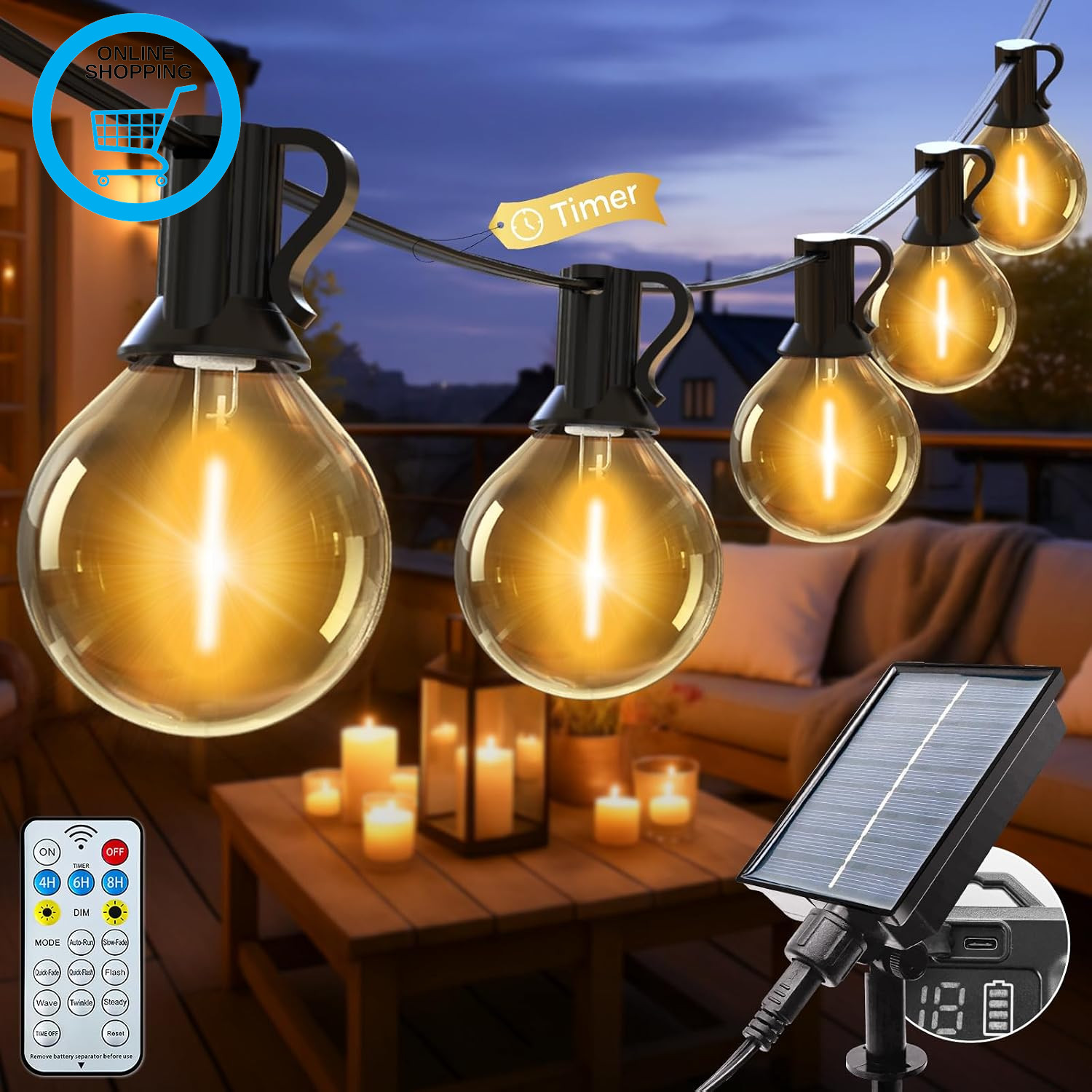 Solar Festoon Lights Outdoor with Remote, 25+2 Bulbs Solar String Lights Outdoor