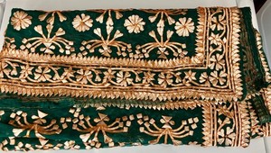Vtg. Handcrafted 41” X 82” Green/Gold Embroidered Fabric, Indian or Pakistani?..