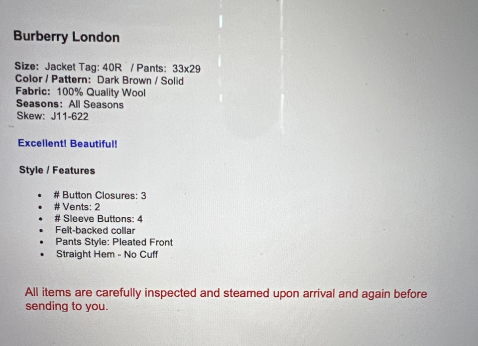 Burberry London 40R 33x29 Solid Dark Brown Designer Luxury 2 Piece Suit - Image 2 of 4