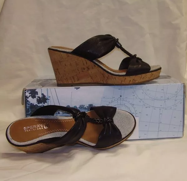 NEW WOMENS SPERRY TOP SIDER SHOREHAM WEDGE SANDALS BLACK SZ 8.5