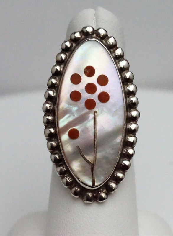 NAI Zuni MOP Coral Large Flower Sterling Ring Native American