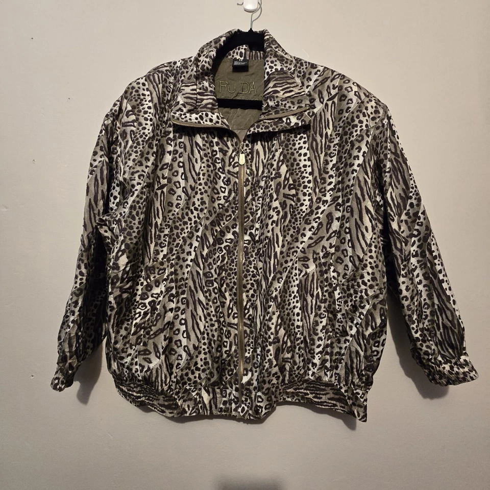Винтажный Fuda Int'l Bomber куртка женщин 1 X животных печати шелк зеленый Mobwife Y2K 90-х - Изображение 2 из 4