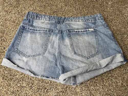 Volcom Jeans Shorts Juniors Size 9 Blue Denim Distressed Button Fly - Picture 2 of 5