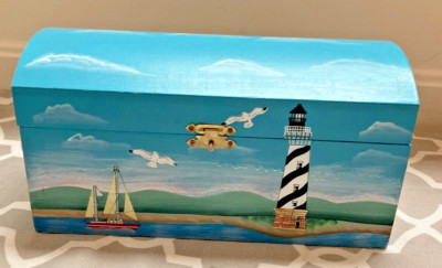 Decorative Wooden Storage Trunk Lighthouse Beach Scene 11x6  Hinged Light Blue