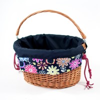 Vintage Wicker Basket With Liner And Adjustable Strap - Daisy Flowers Vintage Wicker Basket With Liner And Adjustable Strap - Daisy Flowers