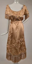 EXCEPTIONAL EDWARDIAN GOLDEN SILK DRESS W THE RICHEST COUCHED FLORAL EMBROIDERY 