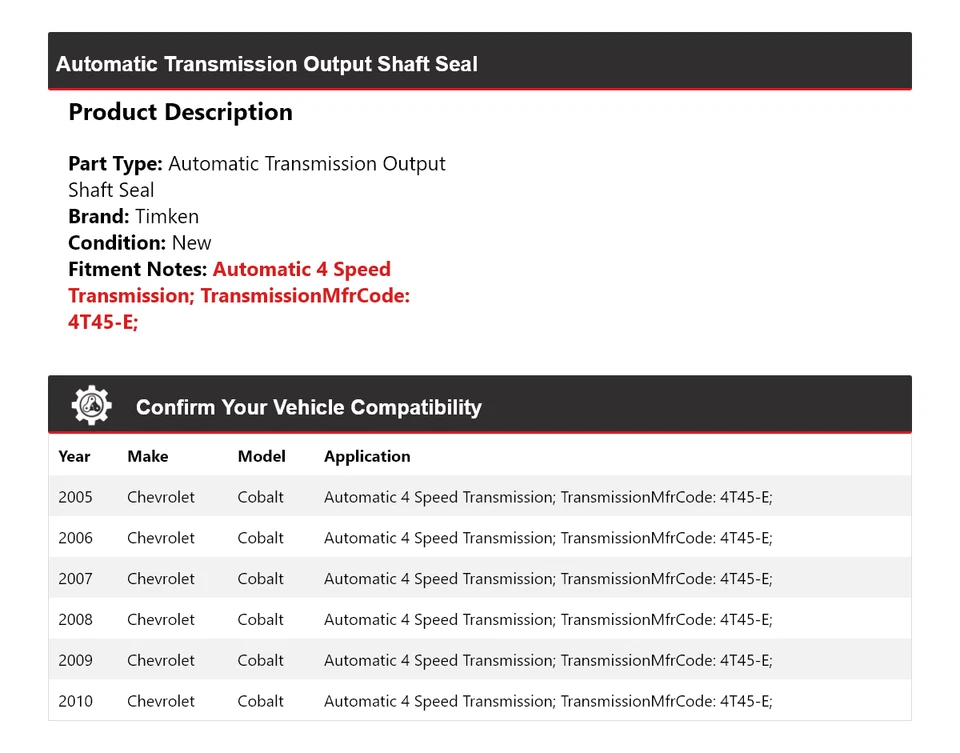 Sello de eje de salida de transmisión automática Timken para Chevrolet Cobalt 2005-2010 Foto 2 de 4