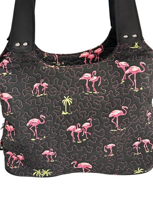 Donna Sharp Quilted Handbag Black Pink Flamingo All Over Print