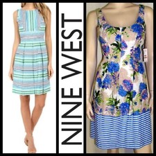 Nine West Blue Green Floral Striped Pocket Sleeveless Dress ~ 2, 6, 8, 10  M3020