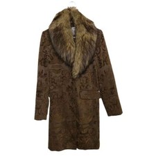 George Damask Shearling Faux Fur Brown Long Trench Coat Removable Collar Size S