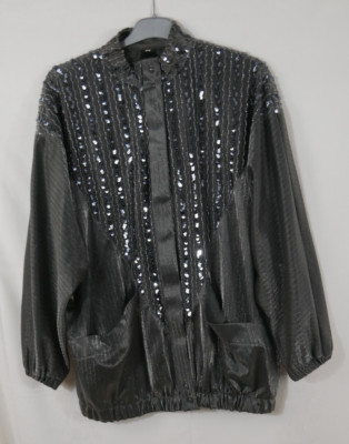 Damen Leichte Blusen Jacke Grau Silber Glitzer Pailletten Edel Größe 50/52 TOP!