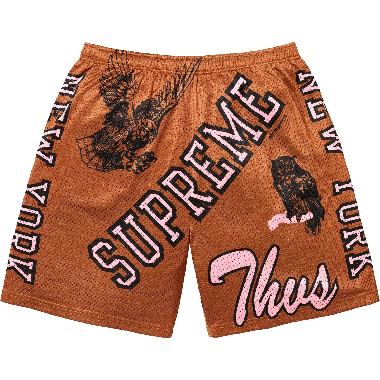 Supreme SS25 Varsity Mesh logo graphique court rouille marron taille S neuf CONFIRMÉ