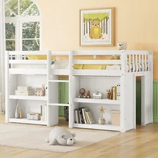 Twin Size Kids Low Loft Bed Full-Length Guardrail /Shelves for Boys Girls Teens
