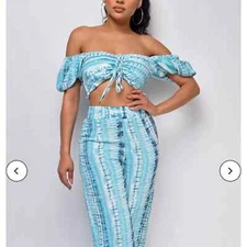 Luxxel 2 piece wide leg pant crop top turquoise tie dye medium