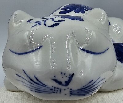 Sleeping Cat Blue and White Floral Pattern Ceramic Unmarked 9.5''L x 4''H x 4.75''W