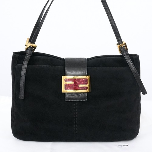 FENDI Gold Glitter FF Logo Mamma Baguette Black Suede Shoulder Bag Auth #57674A