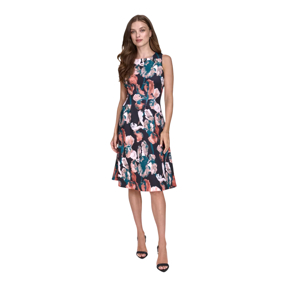 Halston Floral Print Sleeveless Fit & Flare Midi Dress Size 14 Black Green  Multi | eBay