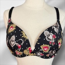 Torrid Curve 360 Back Smoothing Push Up Plunge Black Bra 40D Hearts Roses Padded