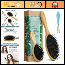 Natural Boar Bristle Hair Brush Set - Detangling Brushes for All Hair Types, Tra